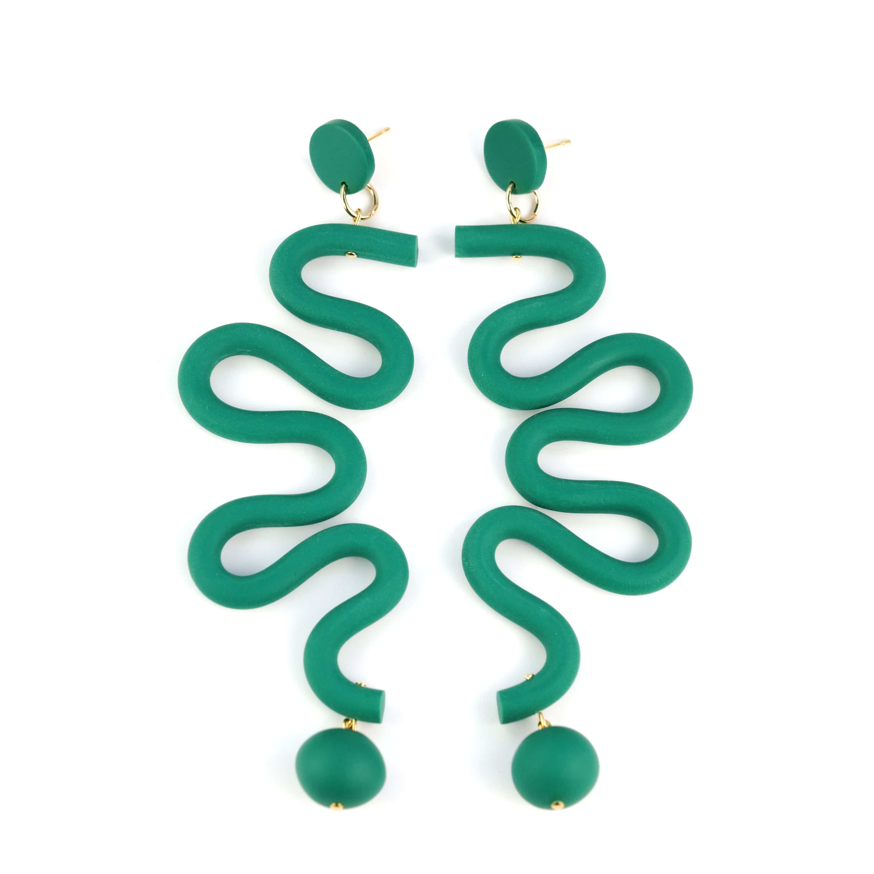 Tube Squiggles Dangly Funky hand-made Statement Earrings in Emerald #color_emerald