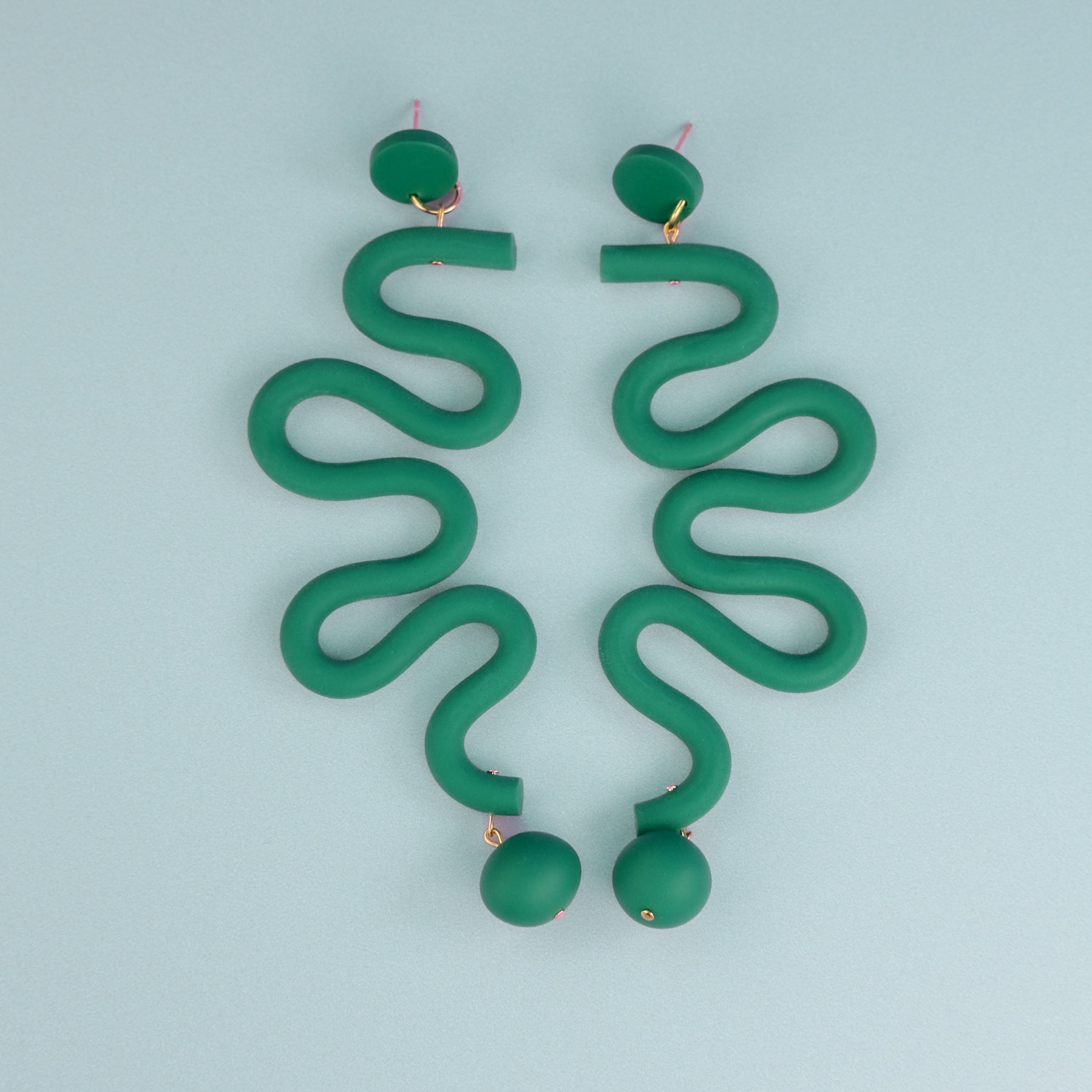 Tube Squiggles Dangly Funky hand-made Statement Earrings in Emerald #color_emerald