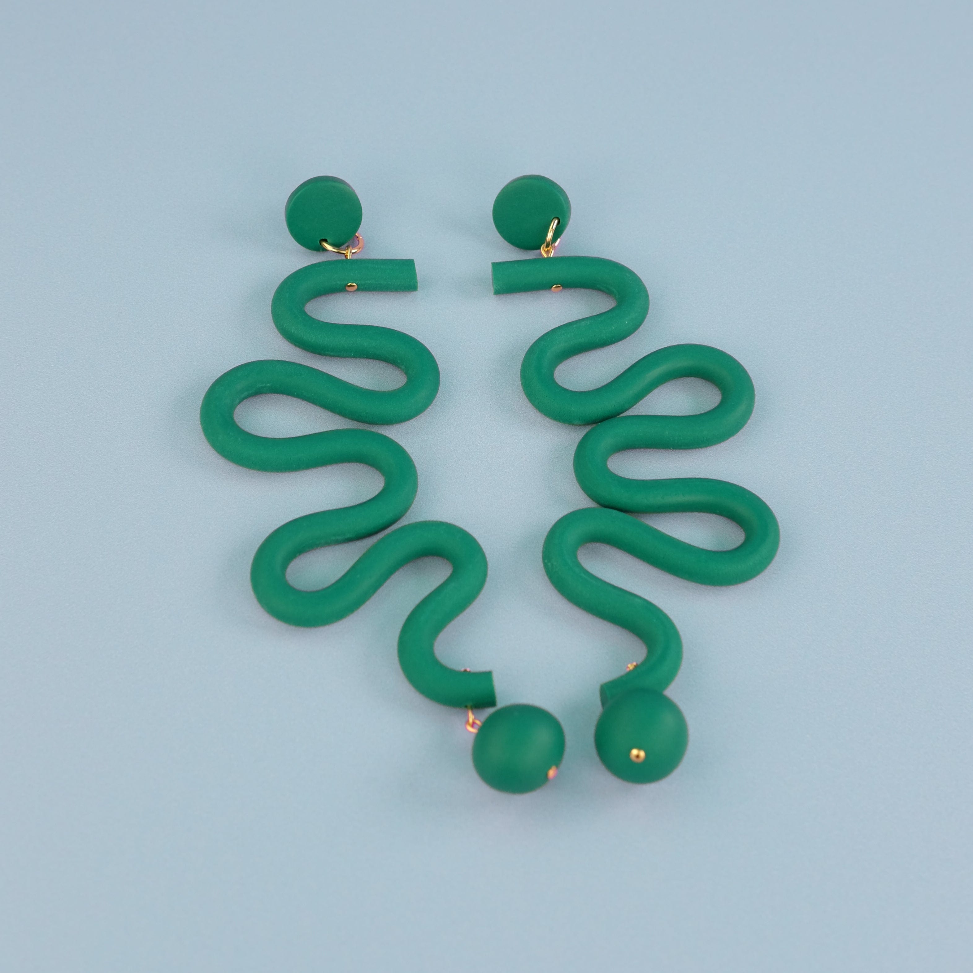 Tube Squiggles Dangly Funky hand-made Statement Earrings in Emerald #color_emerald