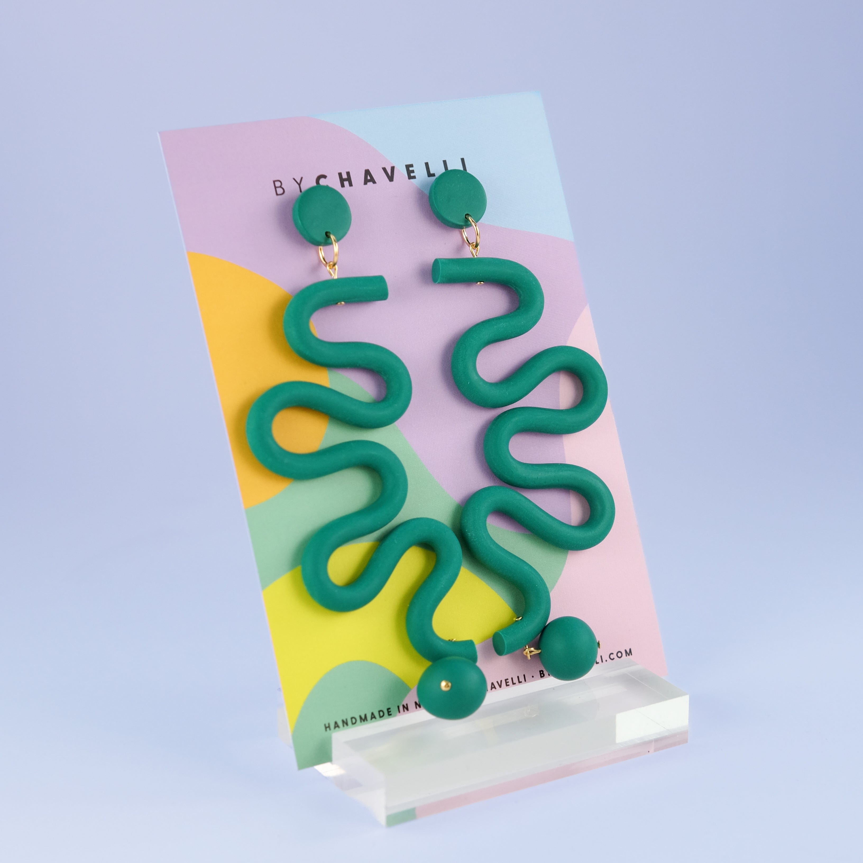 Tube Squiggles Dangly Funky hand-made Statement Earrings in Emerald #color_emerald