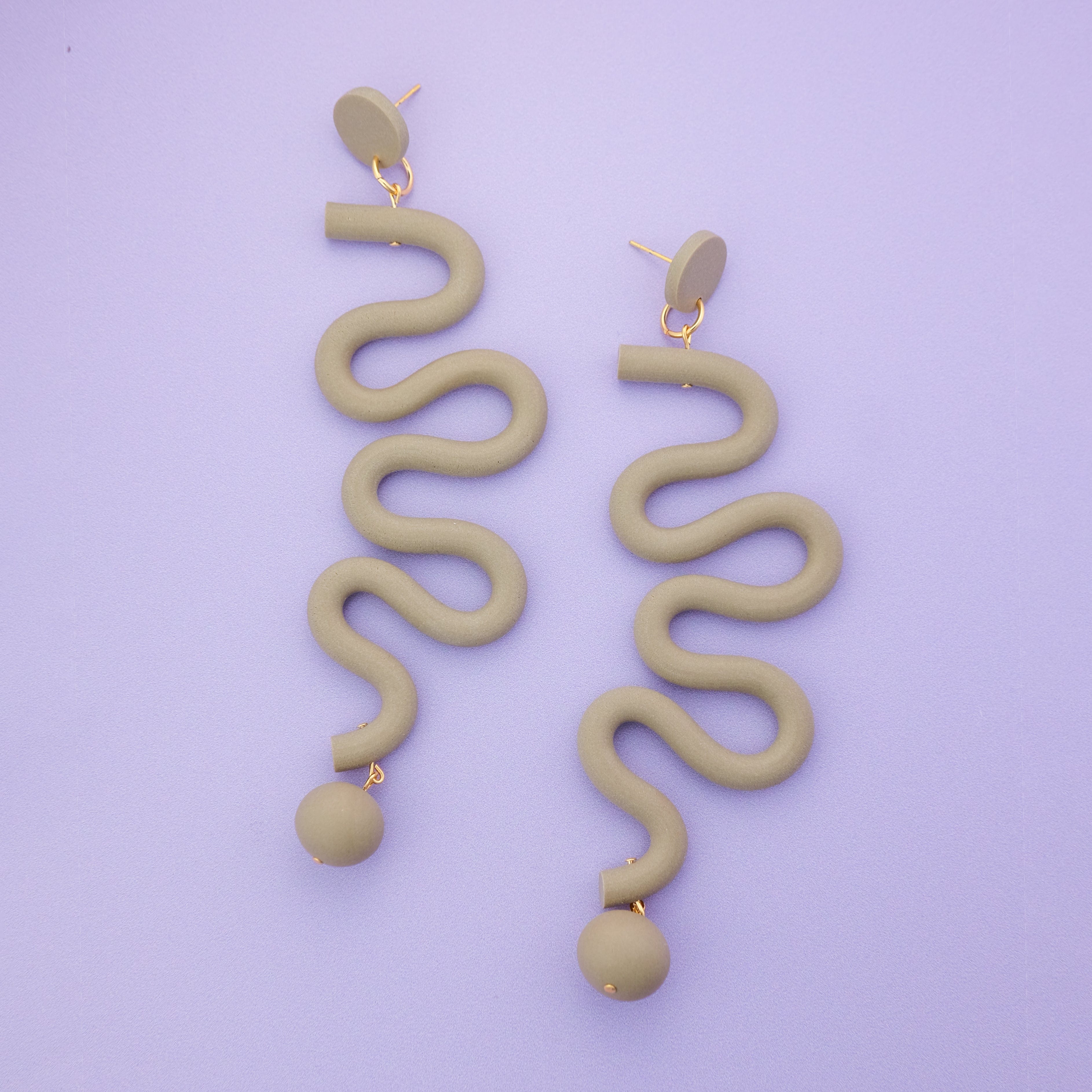 Tube Squiggles Dangly Funky hand-made Statement Earrings in Taupe #color_taupe