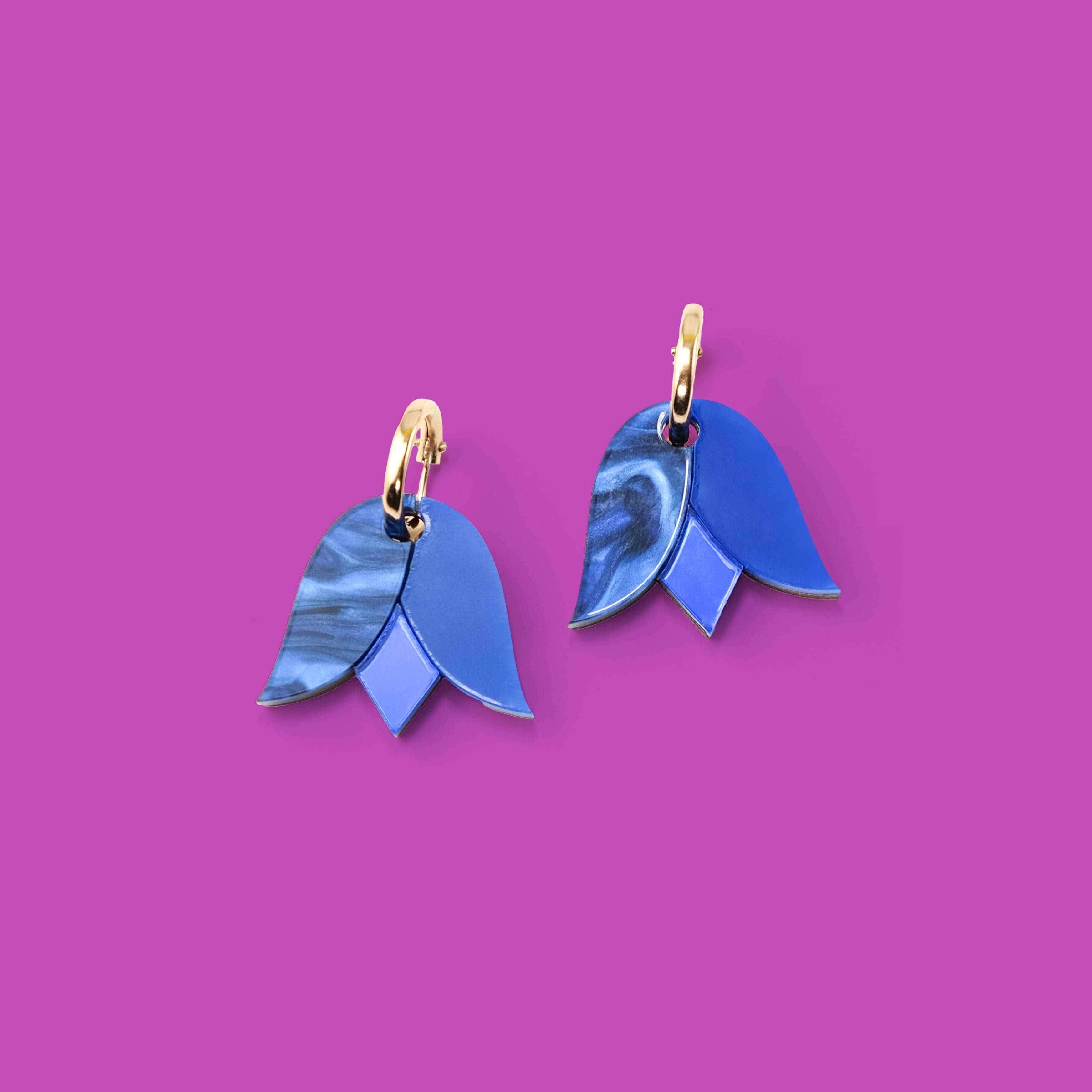 Cute and dainty Tulip flower gold-filled hoop earrings in blue #color_blue