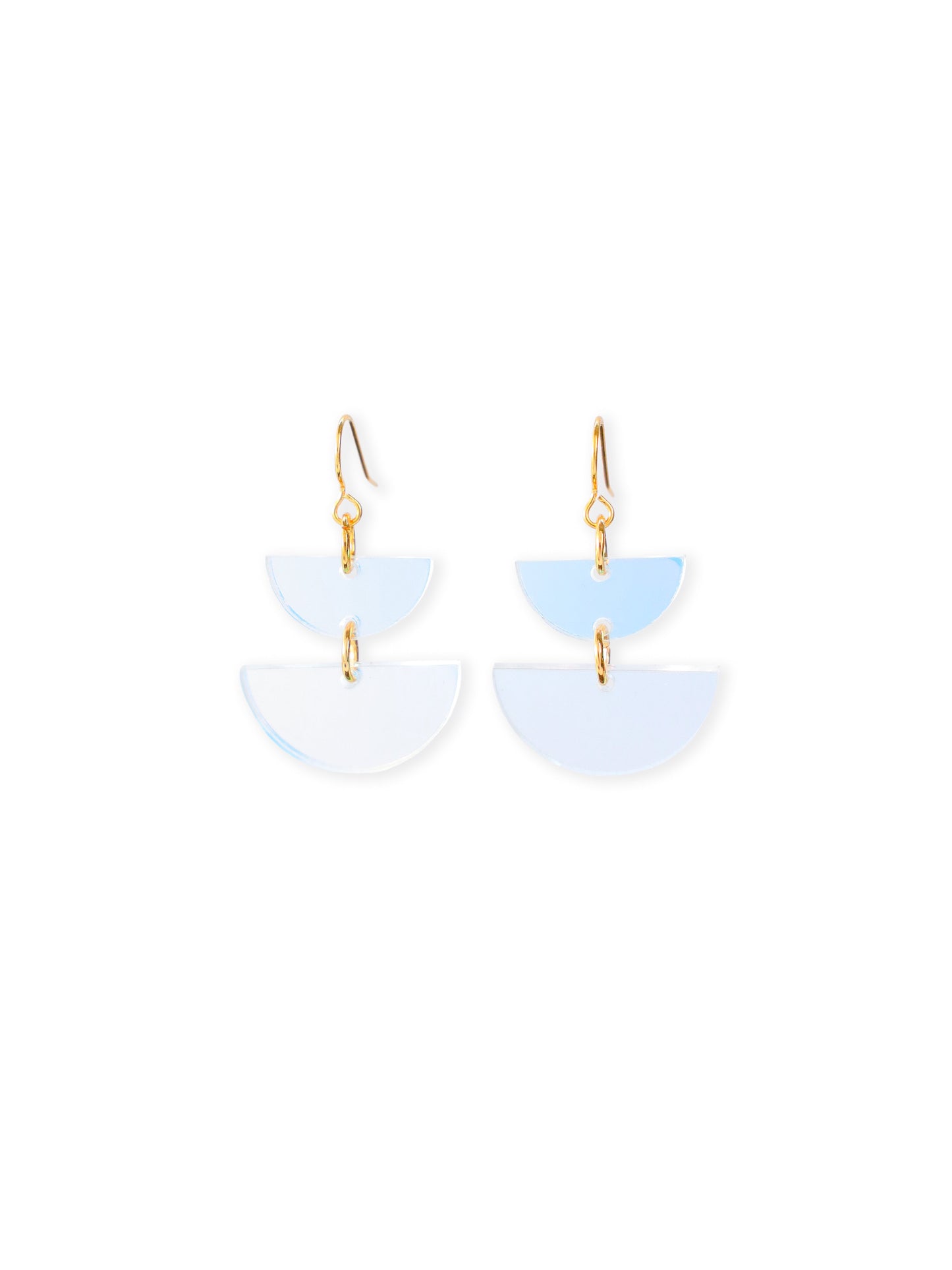 Iridescent half-moon dangly earrings, glossy, lightweight, translucent, stacked semicircles on gold hooks #color_iridescent