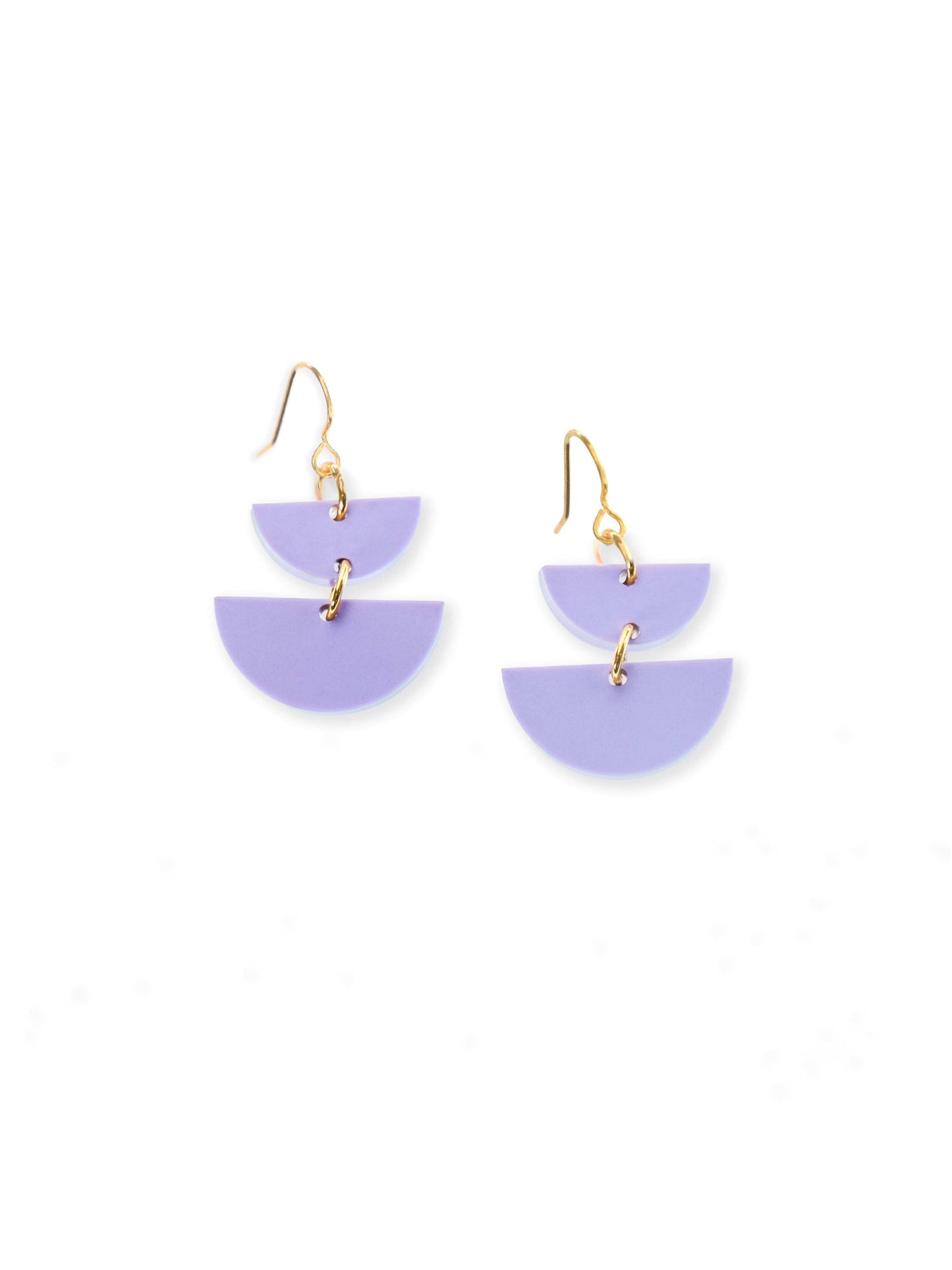 Lavender double half-moon earrings, playful, lightweight, sculptural, dangling on gold hooks #color_lavender