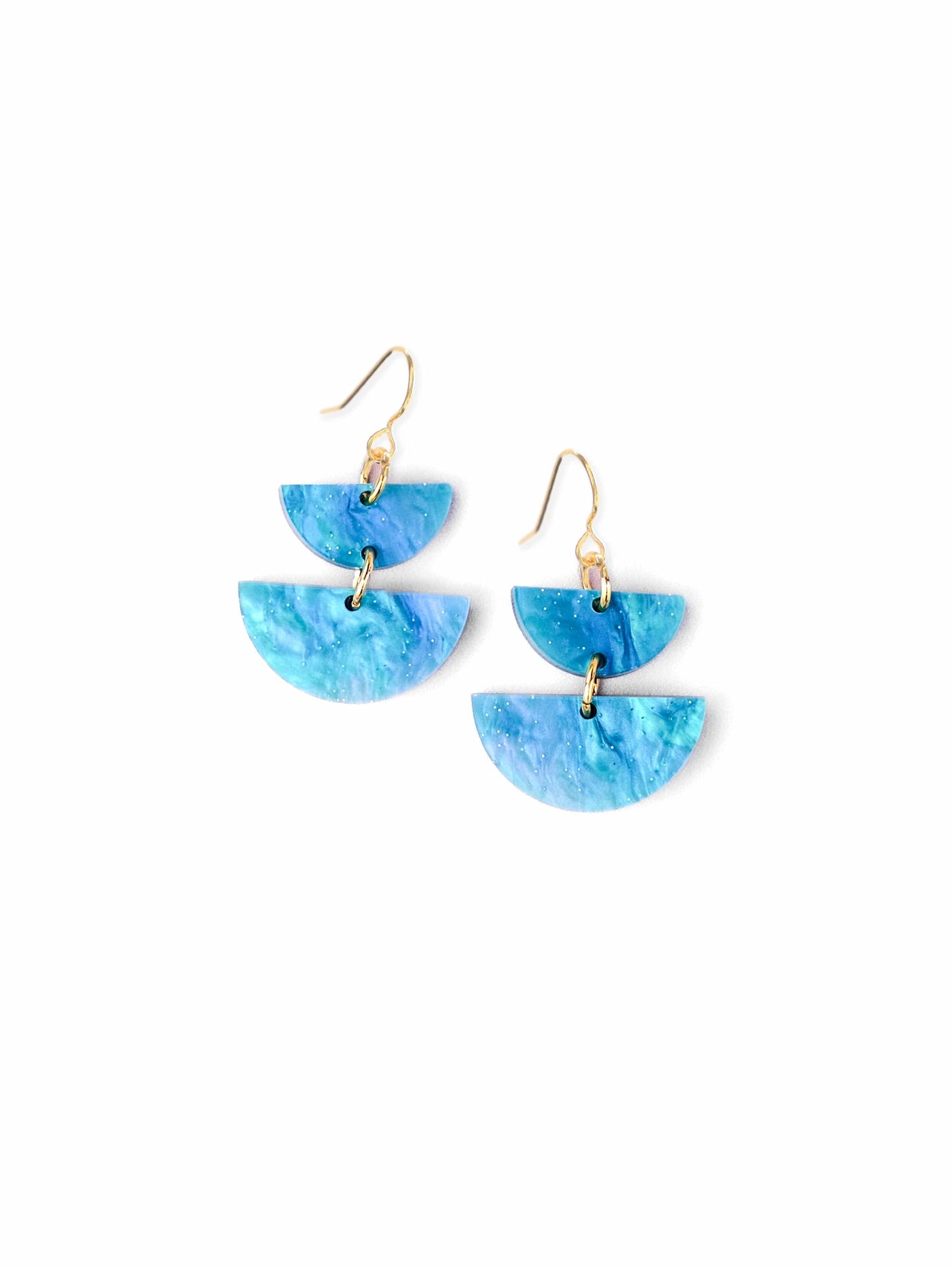 Mediterranean blue double half-moon earrings, ocean-marble effect, glossy finish, lightweight, dangling on gold hooks #color_mediterranean-blue