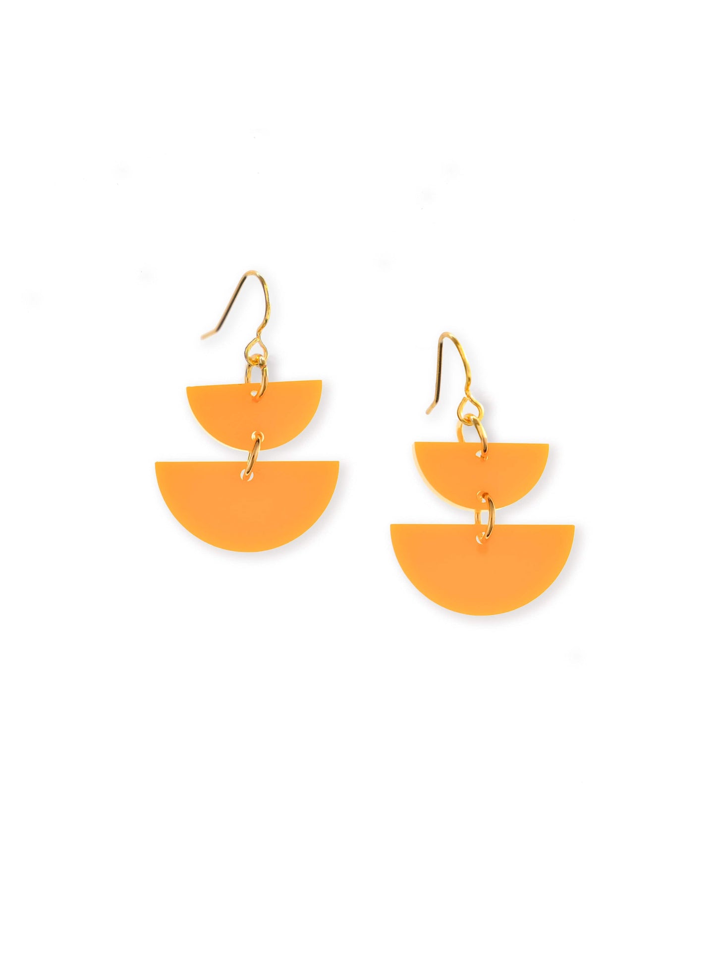 Neon orange half-moon dangly earrings, geometric, glossy, lightweight, stacked semicircles on gold hooks #color_neon-orange
