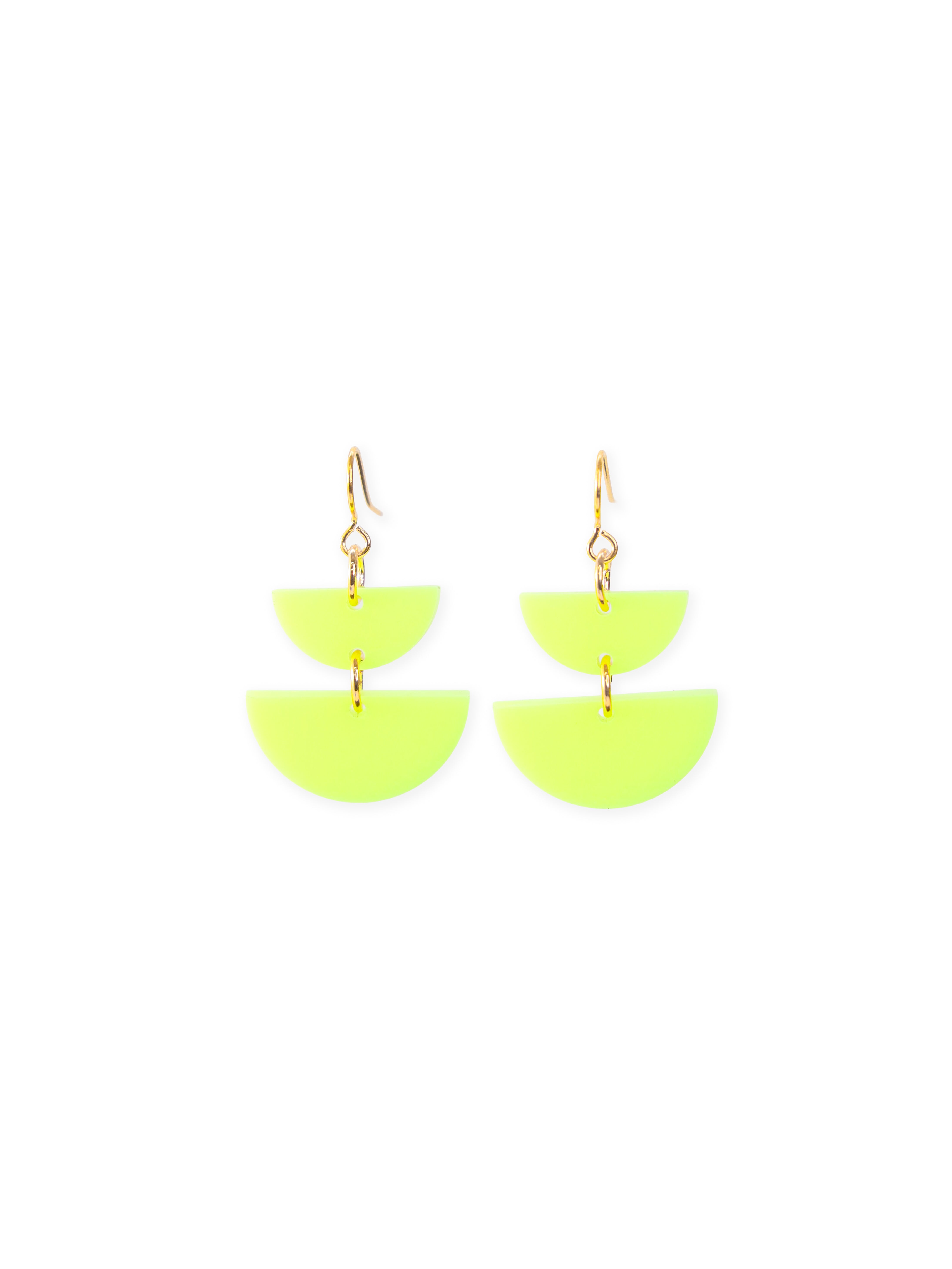 Neon-yellow half-moon earrings, glossy, lightweight, geometric, double-tiered design with gold hooks. #color_neon-yellow