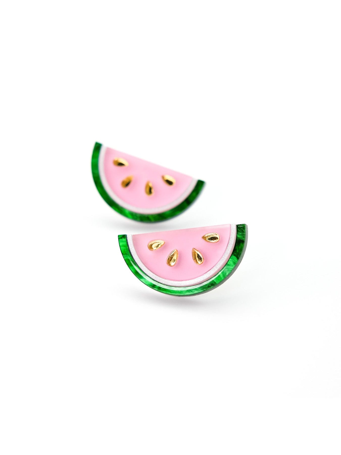 Watermelon slice stud earrings, glossy, lightweight, pink semi-circles with marbled green rind and gold seeds #color_pink-green