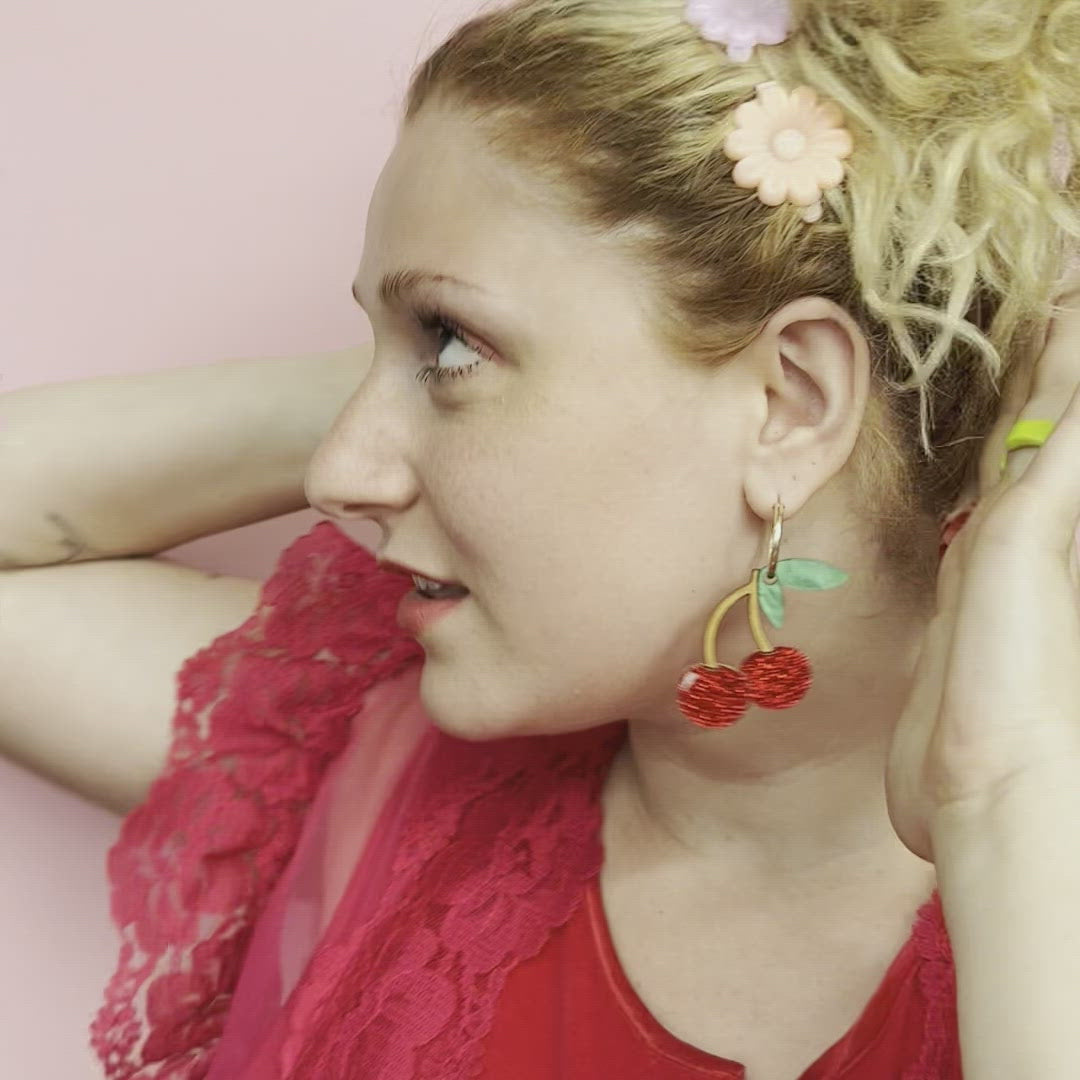 Fun and elegant Cherry dangly earrings with gold-filled hoops
